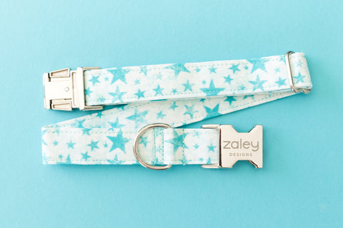 Mint Blue Stars Dog Collar