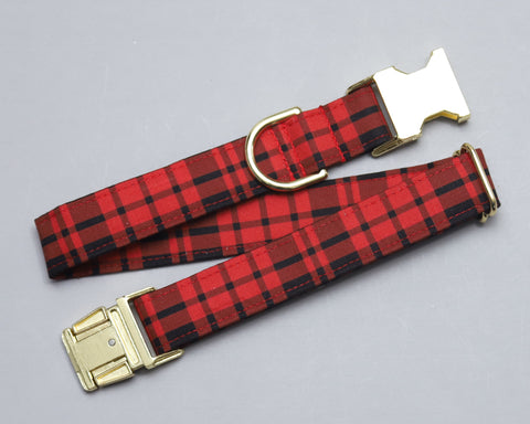 Any 1" wide size - Red & Black Plaid- Gold Buckle