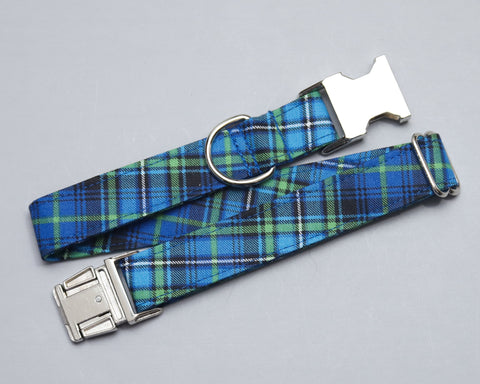 Any 1" wide size - Blue/Green Plaid - Silver Buckle