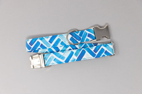 Blue Watercolor Herringbone Dog Collar