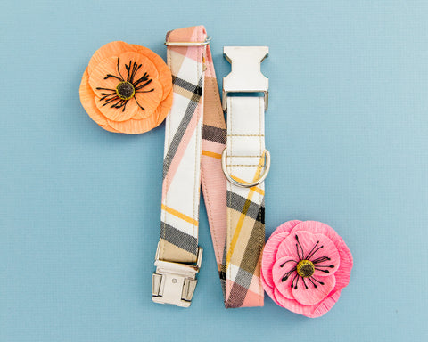 Coral & Tan Plaid Dog Collar
