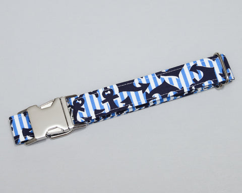 MEDIUM - Light Blue and White Stripes with Navy Anchors - Silver Buckle
