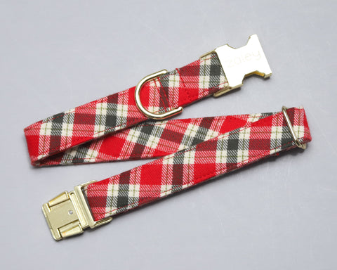 Any 1" wide size - Red/Olive Flannel Plaid - Gold Buckle