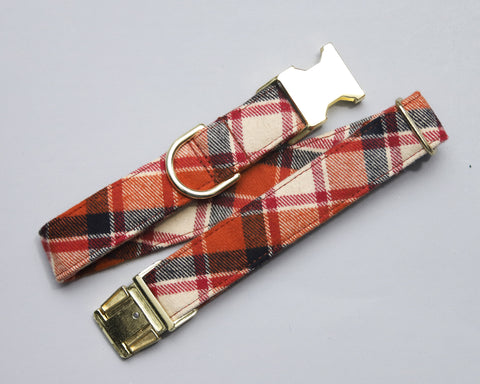 Any 1" wide size - Orange & Black Flannel Plaid - Gold Buckle