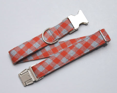 Any 1" wide size - Orange & Gray Flannel Plaid - Silver Buckle