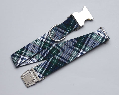 Any 1" wide size - Navy & Green Flannel Plaid - Silver Buckle