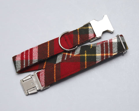 Any 1" wide size - Red/Olive Flannel Plaid - Silver Buckle