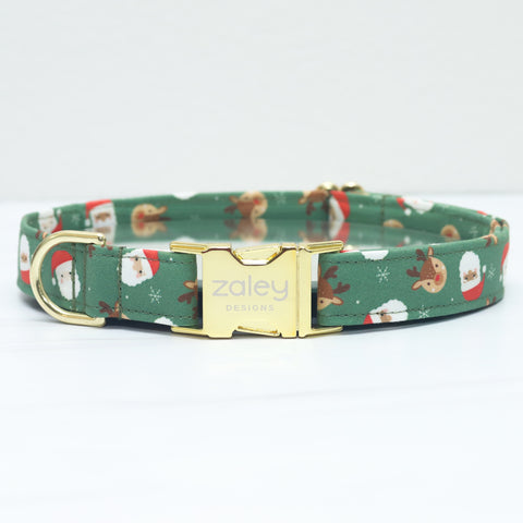 Santa & Reindeer Green Dog Collar