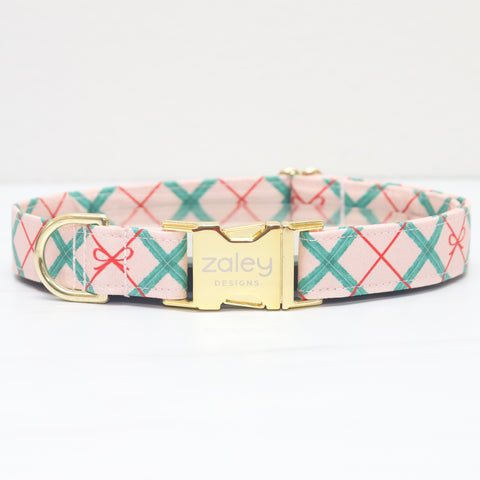 Pink Christmas Bows Plaid Dog Collar