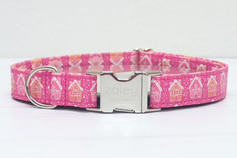 Hot Pink Gingerbread Houses Dog Collar