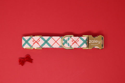 Pink Christmas Bows Plaid Dog Collar