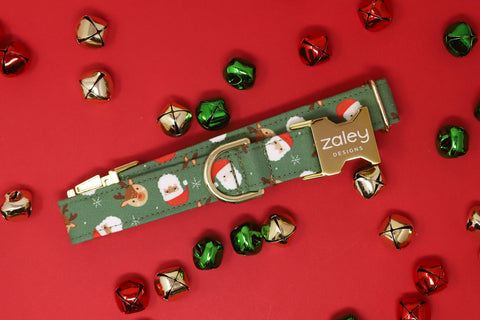 Santa & Reindeer Green Dog Collar