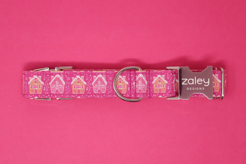 Hot Pink Gingerbread Houses Dog Collar