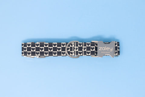 Black and White Checkered Hearts Dog Collar