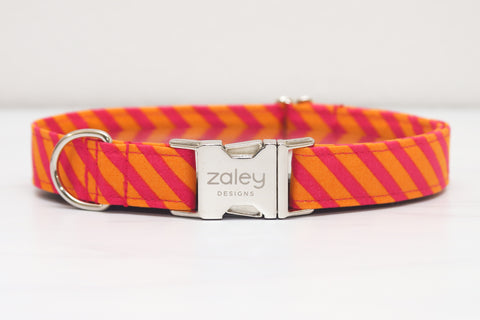 Hot Pink & Orange Diagonal Stripe Dog Collar