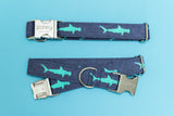 Mint and Navy Sharks Dog Collar