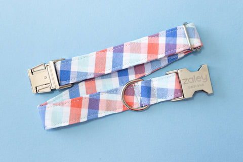 Mint, Blue & Coral Seersucker Plaid Dog Collar