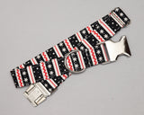 Any 1" wide size - Black, White, and Red Strip with Snowflakes - Silver Buckle