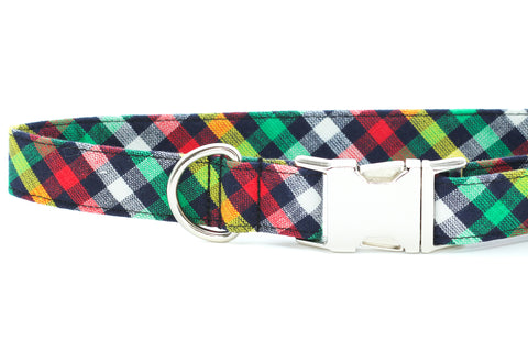 Plaid Dog Collar, Winter Dog Collar, Christmas Dog Collar, red, green, yellow, Dog Lover Gift, Dog Stocking Stuffer, Puppy, Metal Hardware
