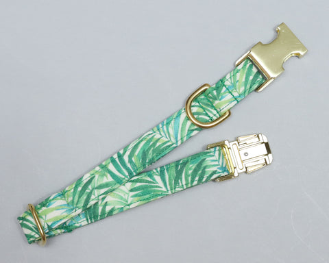S/M Palm Leaves Dog Collar - Gold Buckle