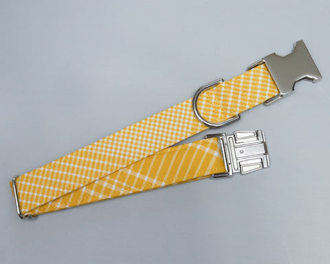 MEDIUM - Yellow Plaid Dog Collar - Silver Buckle