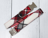 Any 1" wide size - Red/Black Plaid Flannel - Silver Buckle
