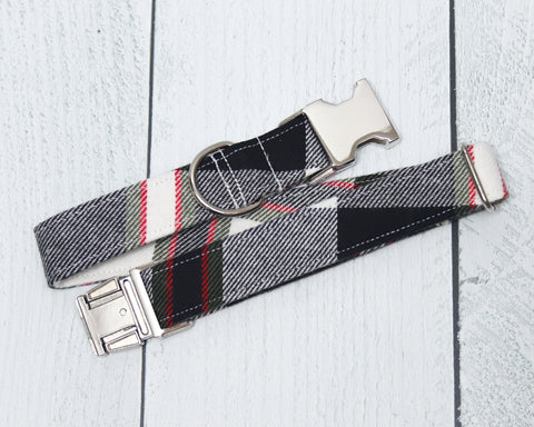 Any 1" wide size - Red/Black & Olive Plaid Flannel - Silver Buckle