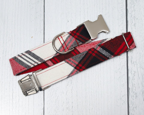 Any 1" wide size - Red/Blk/White Plaid Flannel - Silver Buckle